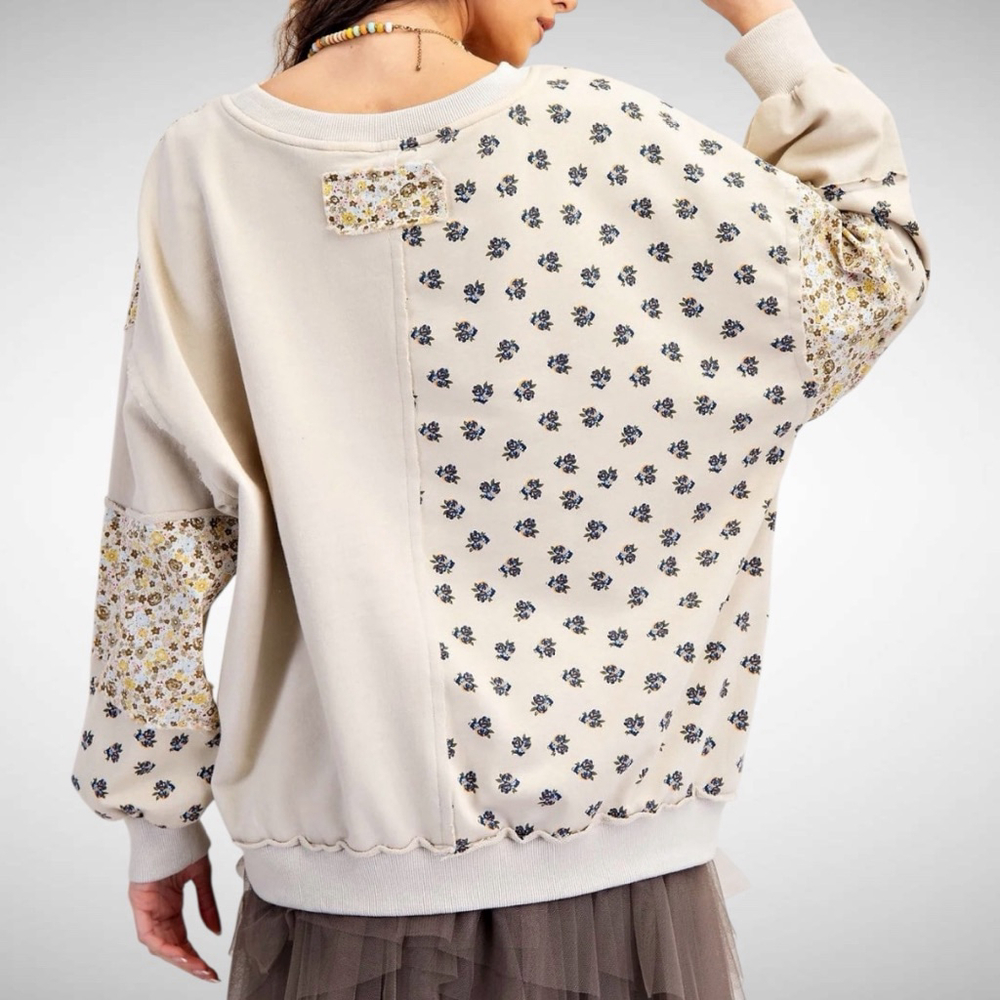 Easel Flower Patchwork Terry Knit Sweatshirt in B… - image 2
